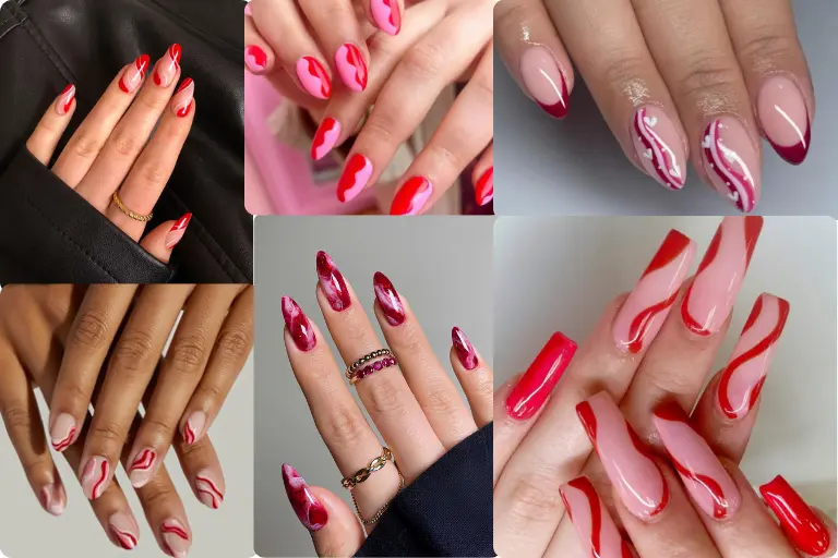 Red and pink swirl nails